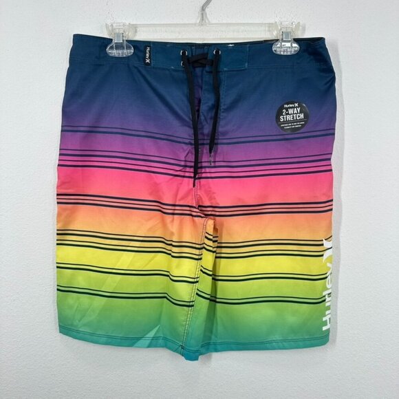 Hurley Men's Size 29 NWT Vibrant Neon Rainbow Ombre Tie Waist Board Shorts Beach - Picture 1 of 9